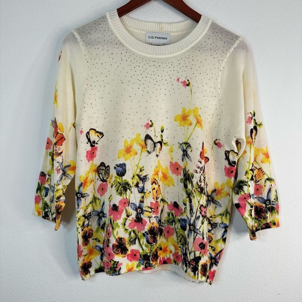 Vintage C.D Petites Floral Butterfly Knit Sweater Large Petite Fairy Cottagecore